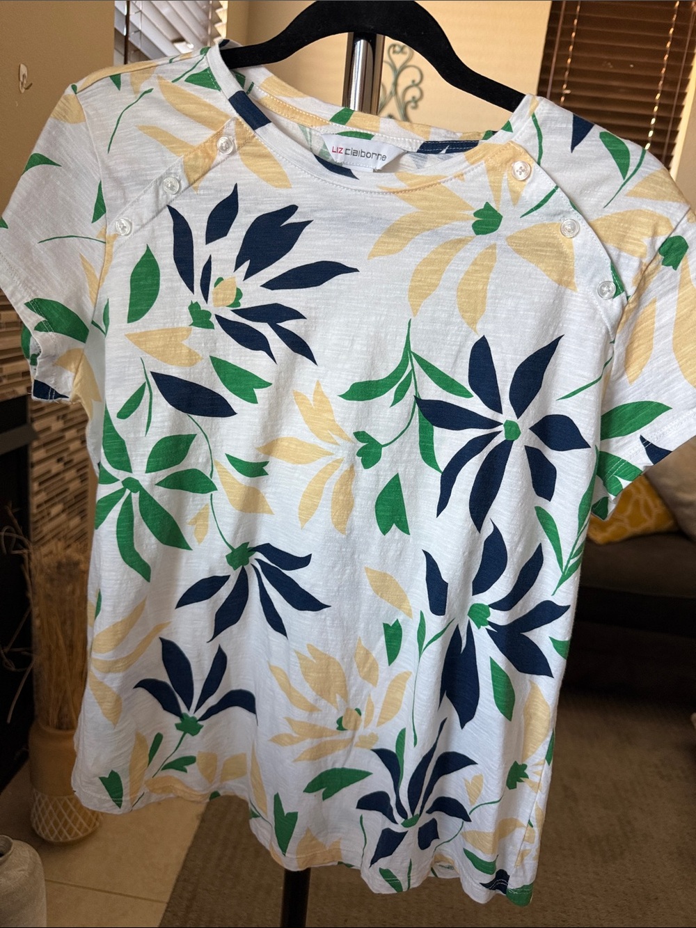 I7 Liz Claiborne White Tee with Navy, Green & Yellow Floral Print